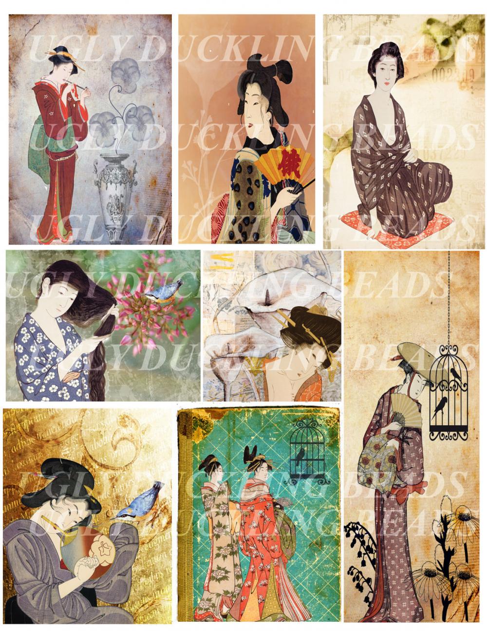 Ladies Of Old Japan Digital Collage Sheet - Original Art Work- Clip Art Elements- Digital Scrapbooking