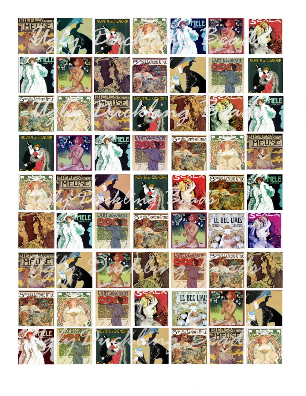 Digital Collage Sheet- Clip Art Elements- 1x1" Collage Sheet- Digital Scrapbooking- "art Nouveau Ladies"